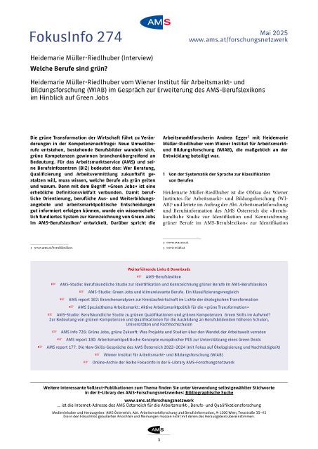 Heidemarie Müller-Riedlhuber vom Wiener Institut für Arbeitsmarkt- und Bildungsforschung (WIAB) im Gespräch zur Erweiterung des AMS-Berufslexikons im Hinblick auf Green Jobs