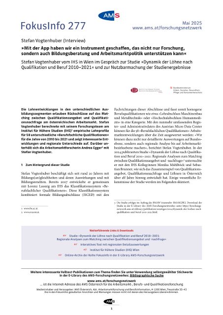 Stefan Vogtenhuber vom IHS in Wien im Gespräch zur Studie Dynamik der Löhne nach Qualifikation und Beruf 2010–2021 und zur Nutzbarmachung der Studienergebnisse
