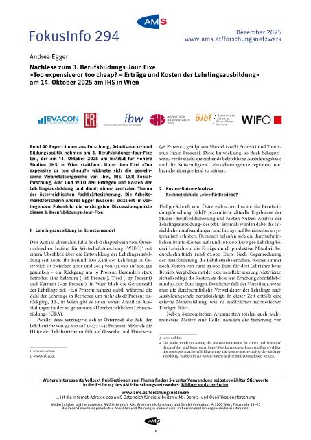 Nachlese zum 3. Berufsbildungs-Jour-Fixe »Too expensive or too cheap? – Erträge und Kosten der Lehrlingsausbildung« am 14. Oktober 2025 am IHS in Wien