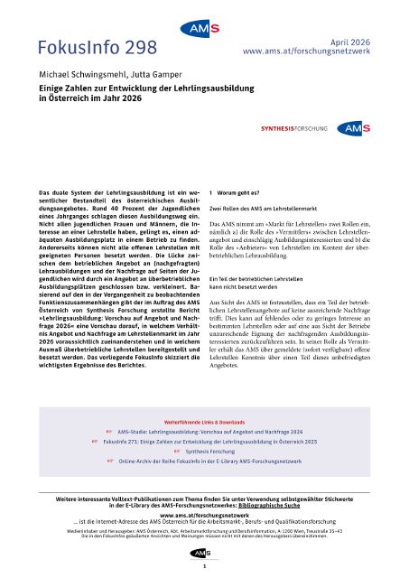 AMS FokusInfo 298 - Einige Zahlen zur Entwicklung der Lehrlingsausbildung in Österreich im Jahr 2026
