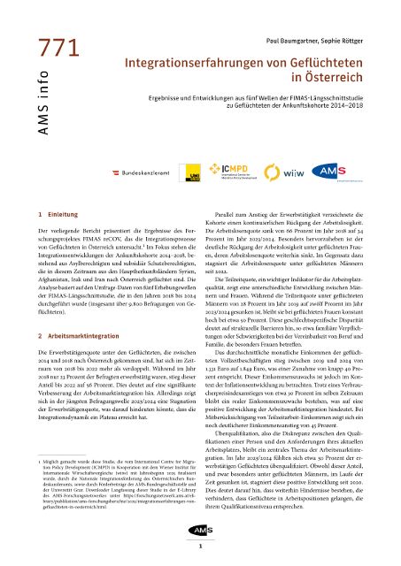 AMS info 771: Integrationserfahrungen von Geflüchteten in Österreich