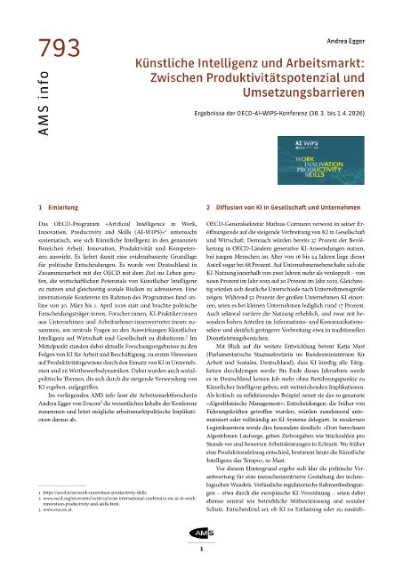 AMS info 793: Künstliche Intelligenz und Arbeitsmarkt: Zwischen Produktivitätspotenzial und Umsetzungsbarrieren