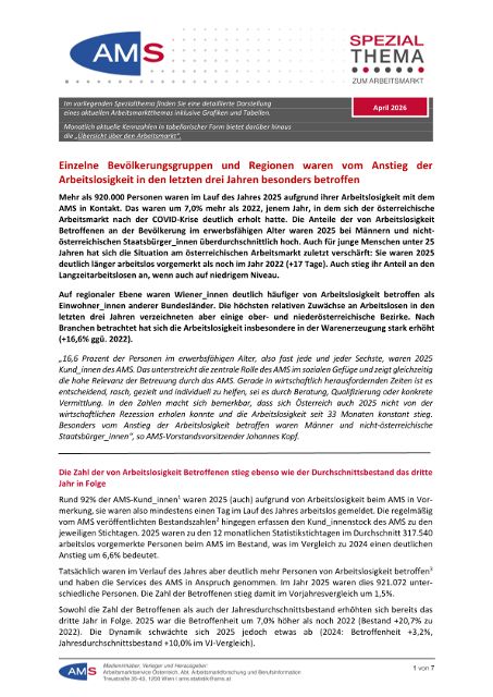AMS Spezialthema zum Arbeitsmarkt: Entwicklung der Arbeitslosigkeit in den letzten drei Jahren
